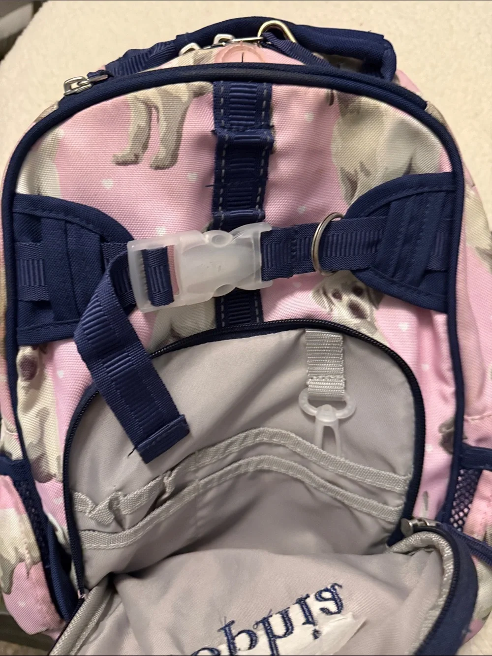Pottery Barn Kids Pink Puppy Print Backpack with Navy Trim